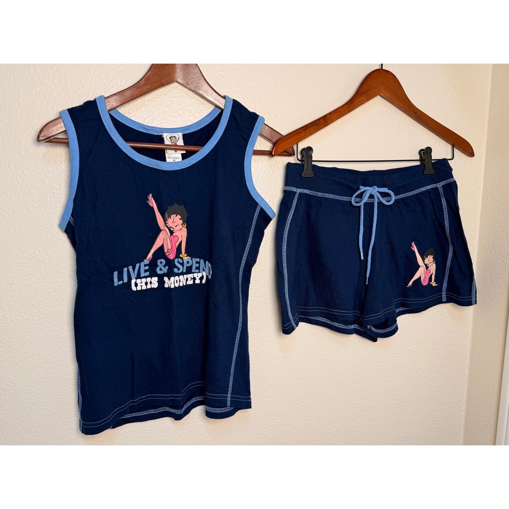 Vintage 2005 Betty Boop Pajama Set Navy Blue Tank Shorts 2PC Y2K Freeze Medium